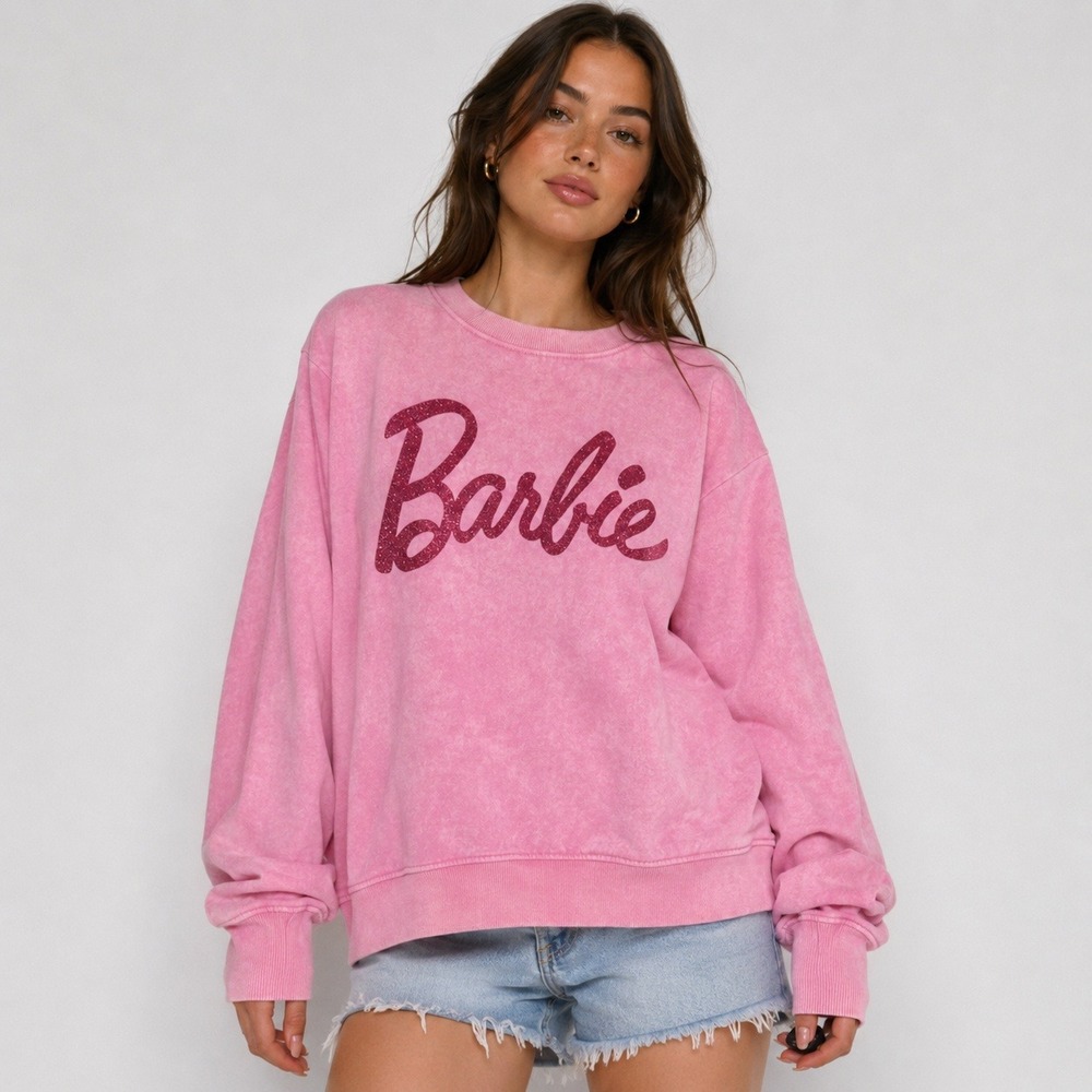 Barbie Pink Acid Wash Glitter Logo Sweatshirt XL Crewneck Barbiecore Nostalgia